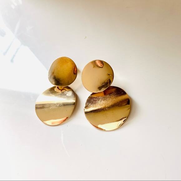 NEW NORDSTROM REVOLVE Gold Double Duo Disc Circle Stud Drop Earrings Jewelry - Picture 7 of 9
